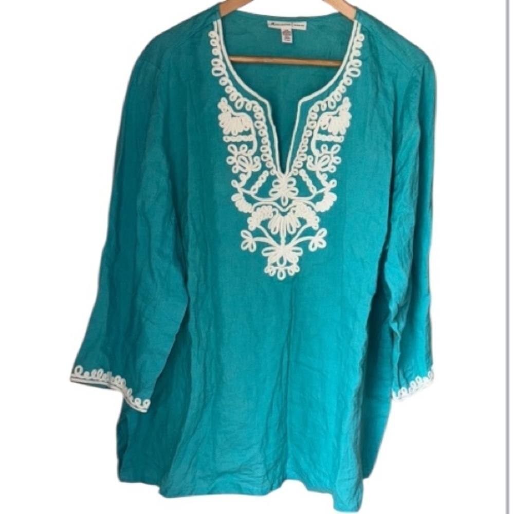 JM collection shirt Turquoise Embroidered Tunic  22W NEW 100% linen slit sides - Picture 5 of 5